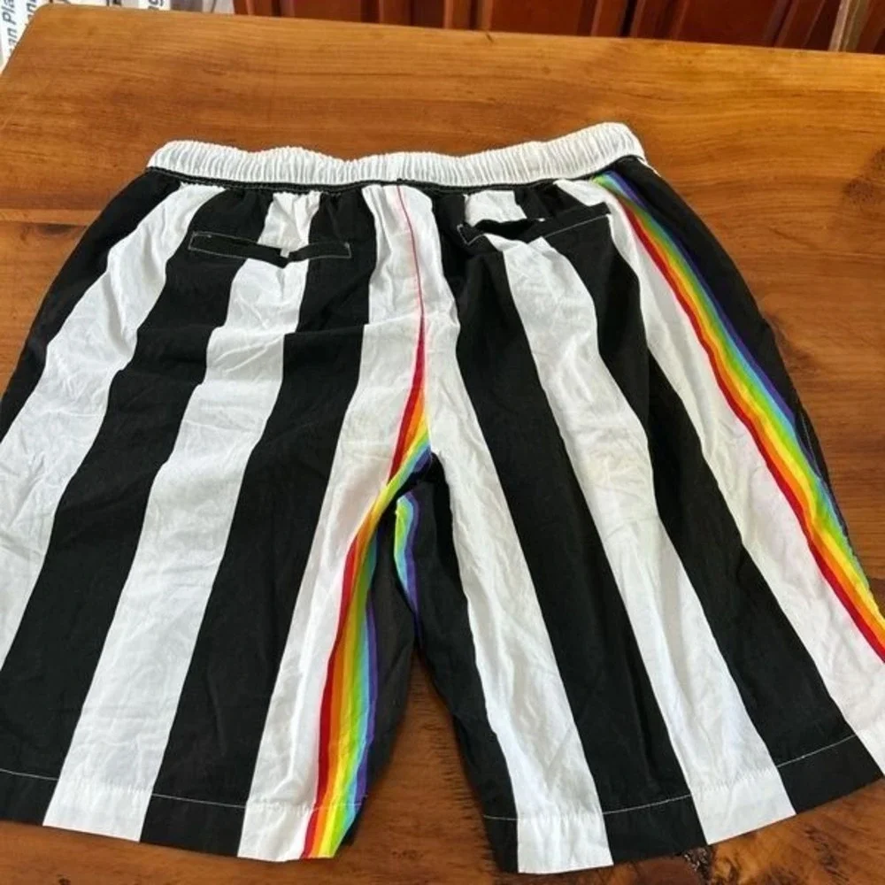 Eighty Eight Men's Striped Board Shorts. Black/White/Rainbow. Size‎ Large.